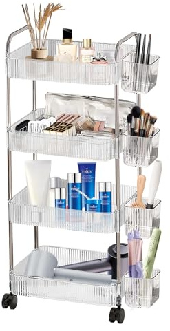 FANFX 4 Tier Rolling Cart with Hanging Basket, Acrylic Storage Carts with Lockable Wheels, Utility Carts Storage Organizer Serving Cart for Office, Living Room, Kitchen, Bathroom
