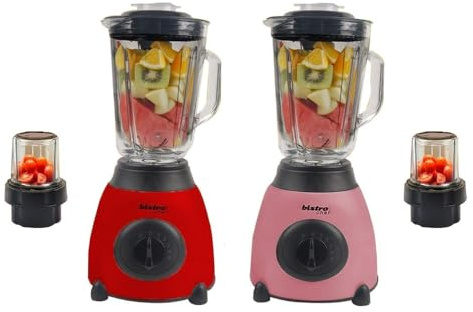 Bistro Chef 2-in-1 Nuts Ice Crushing Mixer Blender 850W, Professional Handheld Kitchen Blender 1.5L for Smoothie Maker, Fruit Juice, Shake, Made from Glass & Stainless Steel (Red & Pink, Pack of 2)