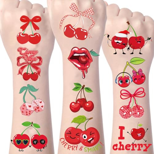 Cherry Temporary Tattoos Stickers Kids - 232 Pcs Fruit Themed Birthday Waterproof Fake Tattoo Gifts For Boys Girls Funny Party Decorations Bag Fillers Favors Supplies