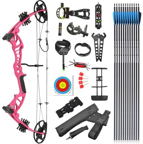 SHARROW Junior Compoundbogen und Pfeile Set 10-30lbs Verstellbarer Anfänger Compoundbogen Bogenschießen Set mit allem Zubehör für Outdoor-Schießtraining (Rosa - Aufstieg Set)