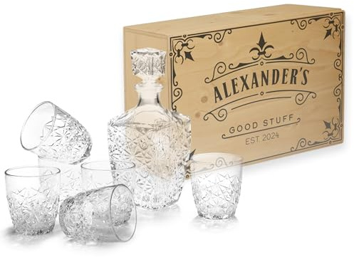 Personalised Whiskey Decanter Gift Set - Decanter and 6 Glasses Wooden Box Gift Sets for Men, Weddings or Special Occasions Drink Set
