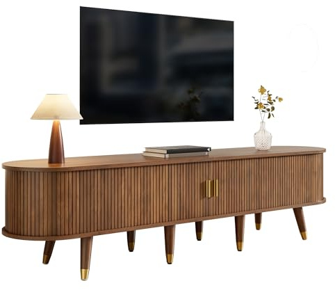 HAINEW TV-skåp, TV-bänk med 2 skjutdörrar och 2 lådor, TV-bord, TV-skåp med 6 förvaringsfack och oval bordsskiva för vardagsrum, sovrum, träfärg, 175 x 38 x 45 cm