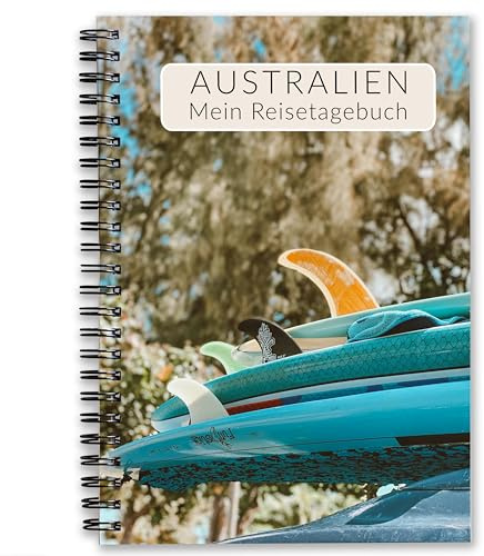Calmondo Reisetagebuch Australien Tagebuch | interaktiver Reiseplaner Travel Journal | individuelles Reise-Geschenk für Surf-Camp Work & Travel Auslandssemester uvm | DIN A5 | 3 Wochen | Surfbrett
