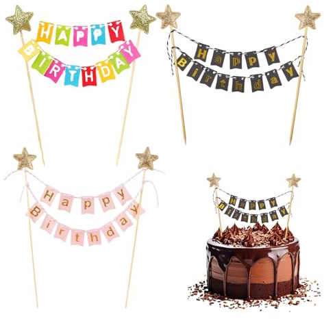 Sekfpnk Pack of 3 Happy Birthday Tortendeko, Wimpelketten Happy Birthday Tortenstecker Set, Geeignet zum Dekoration von Geburtstagstorten, Girlande Geburtstag