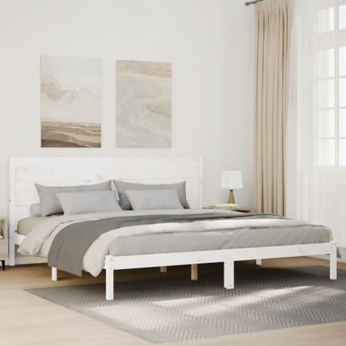 Runheo Massivholzbett Weiß 200x220 cm, Extra Lang Kiefernholz Bettgestell mit Lattenrost, Stauraum, Kopfteil, Plattformbett für Schlafzimmer