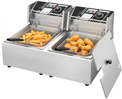 MOOTACO Commercial Deep Fryer,12L Stainless Steel Electric Fryers,2500Wx2 | Deep Fat Fryer,60-200°C Adjust Temp,Countertop Stainless Steel Double Tanks with Lid Basket for Home Restaurant Kitchen