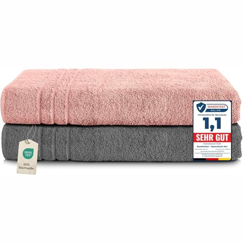 Komfortec 2er Saunahandtuch Set XXL 80x200 cm, 100% Baumwolle | Große Saunatücher aus 100% Baumwolle, XXL Set, Saugstark, Flauschig und Schnelltrocknend, Dunkelgrau/Pink