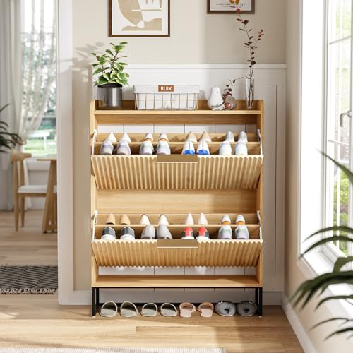 Bonnlo Schuhschrank mit 2 Klappen, Schuhregal mit geriffelte Türen, Schuhkipper Schmal, Schuhaufbewahrung für Flur, Eingangsbereich, Wohnzimmer, Schlafzimmer, 80x24x101.3cm, (Eiche)