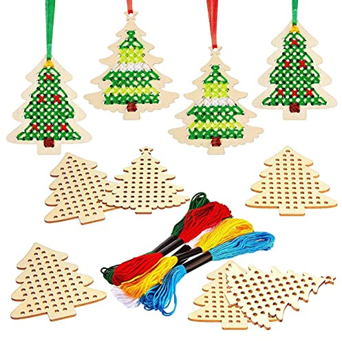Hongjingda - Punto de cruz de madera, decoración de punto de cruz de árbol de Navidad con agujeros, colgante de arte navideño, decoraciones de árbol para actividades de artes y estiramientos