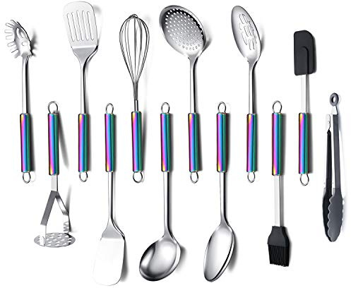 Ensemble D'ustensiles de Cuisine Arc En Ciel,ensemble D'ustensiles de Cuisine 12 Pièces, Ensemble D'ustensiles de Cuisine Pour Ustensiles de Cuisine Antiadhésifs,Lot de 12 Gadgets de Cuisine (Colorés)