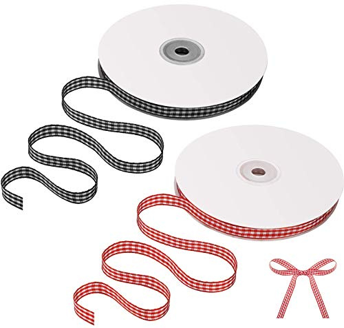 Gingham-Band, Karomuster, Bastelband, Weihnachten, Kuchen, Geschenkverpackung, Schleife, Karomuster, für Haar-Accessoires, Basteln, Geschenk, Dekoration (1 Rolle schwarz und 1 Rolle rot)