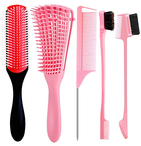 5 Pieces Detangling Brush Set 9-Row Cushion Nylon Bristle Styling Brushes, Rattail Comb Cutting Comb Set for African Hair Textured Kinky Wavy/Curly/Coily/Wet/Dry/Oil/Thick/Long Hair