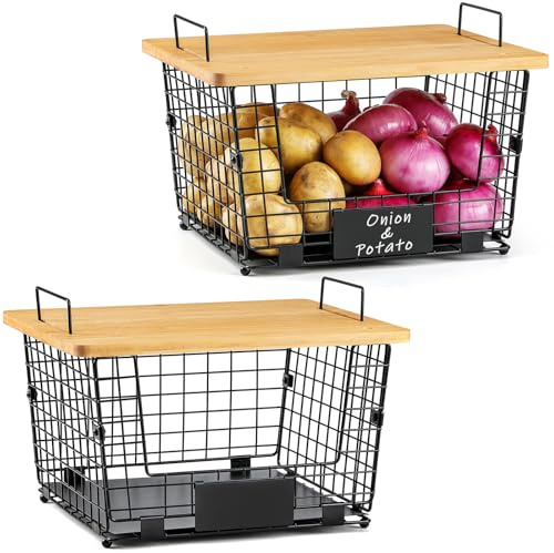 2 Set XXL Stackable Wire Basket with Bamboo Tops & Tag- Pantry Organizer and Storage Bins, Kitchen Counter Cabinet Shelf Countertop Under Sink Organizing, Food Snack Produce Onion Potato Bread Storage