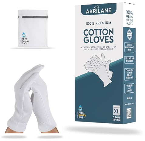 AKRILANE Extra Large 5 Pairs Cotton Moisturizing Gloves for Dry Hands | Eczema, Psoriasis & Skin Spa Treatment for Women & Men | Washable & Reusable with Free Laundry Bag