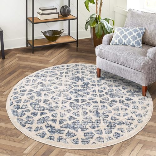 carpet city Teppich Wohnzimmer Blau - 200x200 cm Rund - Geometrisch Scandi-Stil - Kurzflor Teppiche Modern - Tricolor Soft&Weich - Flachflor Schlafzimmer