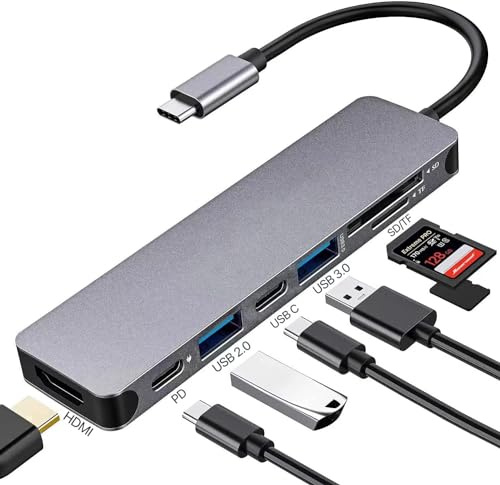 USB C HUB 7 en 1-4K HDMI, PD 100W y USB 3.0/2.0 - Lector de Tarjetas SD/TF, Compatible con MacBook Pro y Air USB C Laptop y Otros Dispositivos Tipo C.