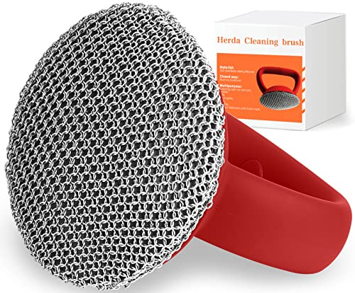 Herda Brosse à récurer en fonte avec poignée en silicone soudée en acier inoxydable pour nettoyage de poêles en fonte, grattoir en métal pour ustensiles de cuisine en fonte