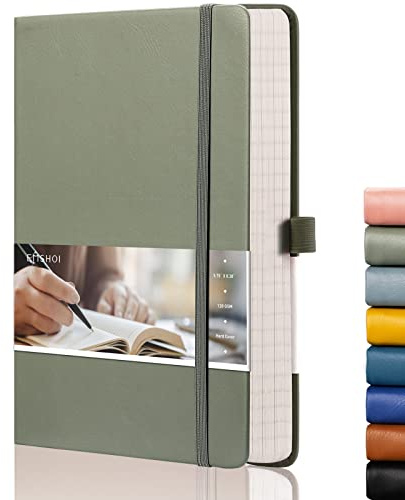 EMSHOI A5 Notebook - 21.4 x 14.5 cm Lined Journal with 256 Numbered Pages, 120gsm Thick Paper, Sticky Notes, 8 Perforated Sheets, Hardback Vegan Leather Notepad for Women Men Writing - Green