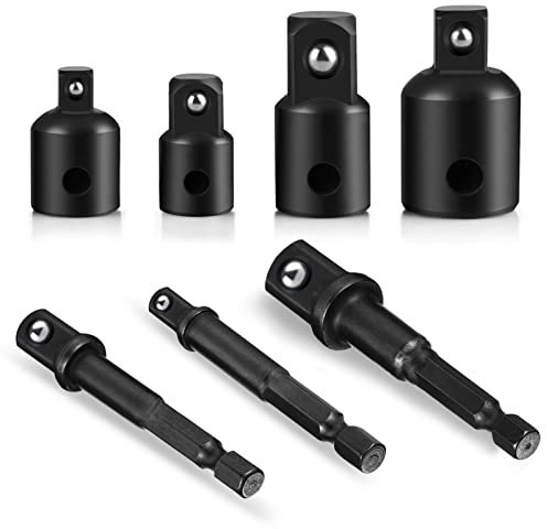 7 Pieces Set Impact Drill Socket Adapter, 1/4 3/8 1/2 Hex Shank Adapter Reducer with Extension Set Impact Driver Conversions, Active Rust Protection by Black-Phosphate Coating Treatment