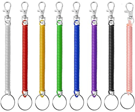 Porte-Clés à Ressorts à Spirale,8 Pack Extensible Porte-clés en Plastique Coloré Cordons de Pêche Rétractable Sangle en Spirale d'attache pour Clés Torch Pinces École 8 Couleurs