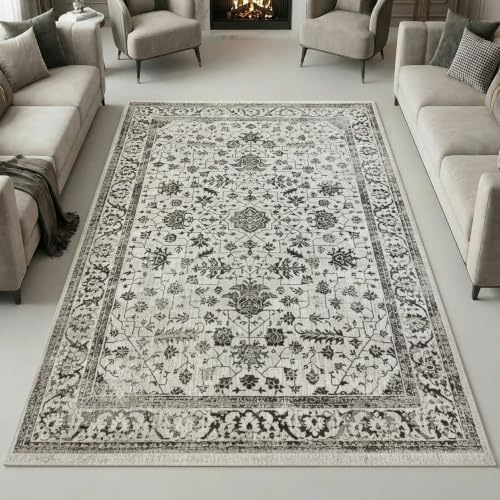 Teppich-Traum Orientteppich Pflanzenornamente Creme 120x170 cm | Pflegeleicht, schmutzabweisend, strapazierfähig, allergikerfreundlich, fußbodenheizungsgeeignet, OEKO-TEX geprüft, 8 mm Flor