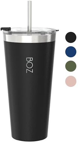 BOZ Vaso Térmico - Vaso con Tapa y Pajita - Vaso Termo Café para Llevar - Vaso Termo de Acero Inoxidable - Taza Termo Perfecta para Bebidas Frías y Calientes - Tumbler Sin BPA (650 ml - Negro)