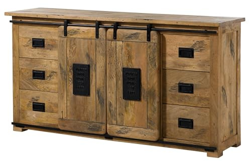 MASSIVMOEBEL24.DE Sideboard Mango Natur lackiert Railway #193 | 170x45x90 cm (BxTxH) 99 kg Industrial montiert vollmassiv
