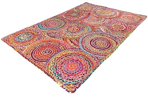 Mam Treasures Bunter indischer handgefertigter Teppich, handgeflochten, Baumwolle, Jute, Bohemian-Teppich, Heimdekoration, Teppich, rechteckig, für Geschenkböden, Heimdekoration, 183 x 274 cm