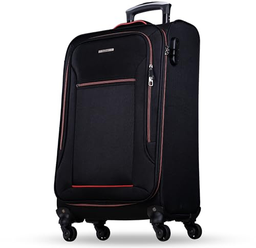 NOWI Sevilla Weichschalen Trolley L – Mittelgroßer Stoff Koffer 50L mit 4 Rollen & Zahlenschloss | Leichter Reisekoffer für Damen & Herren (Schwarz-Rot, L)