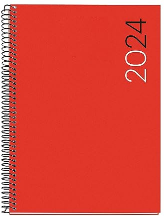 Miquelrius - Jahresplaner 2024, Wochenansicht, vertikal, Plus Größe 155 x 213 mm (ähnlich A5), flexibler Einband aus Polypropylen, Spiralbindung, Katalanisch, Englisch und Portugiesisch, Rot