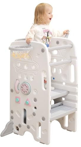 Gupamiga Lernturm für Kinder, Montessori Küchenhelfer, Learning Tower mit Kippschutz, 3 Stufen Höhenverstellbar SST-02