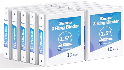 SUNEE 3 Ring Binders 1.5 Inch 10 Pack, Clear View Binders Three Ring PVC-Free (Fit 8.5x11 Inches) for School or Office Supplies, White