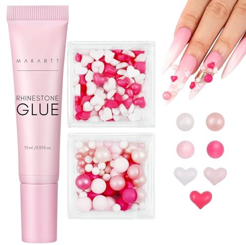Makartt Nail Rhinestone Glue, Strong Adhesive Gel with Crystal Rhinestone & 3D Nail Charms Gems - Kit for Valentine's Day