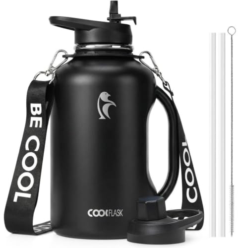 Coolflask - Botella térmica de 9 litros con asa, de acero inoxidable, de doble pared, con correa y pajita, a prueba de fugas, mantiene el frío durante 48 horas y el calor durante 24 horas, color