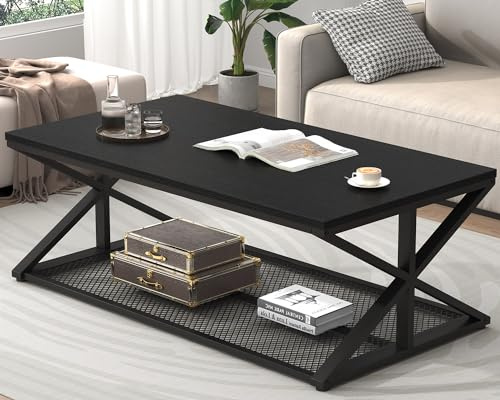 IBF Couchtisch 120cm Schwarz Holz-Metall m. Stauraum & Netzablage | Moderner Couchtisch aus Holz und Metall mit Stauraum und Netzablage, platzsparend für Ihr Zuhause