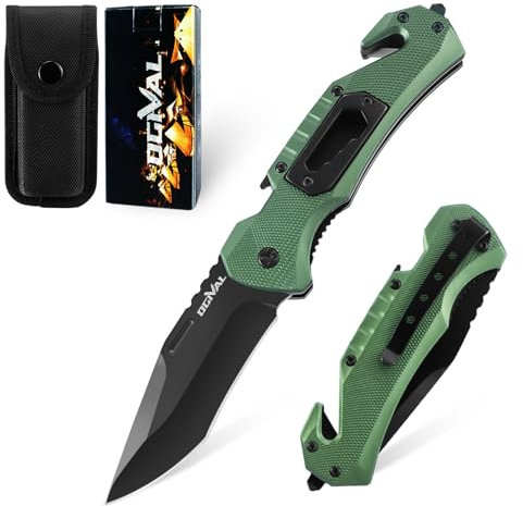 Ogival Klappmesser (Zweihandmesser) ,20CM Taschenmesser mit Aluminiumgriff und Taschenclip, 5-in-1 Edc Messer mit Nylonscheide, für Outdoor,Camping,Fischen,Jagen，Grün
