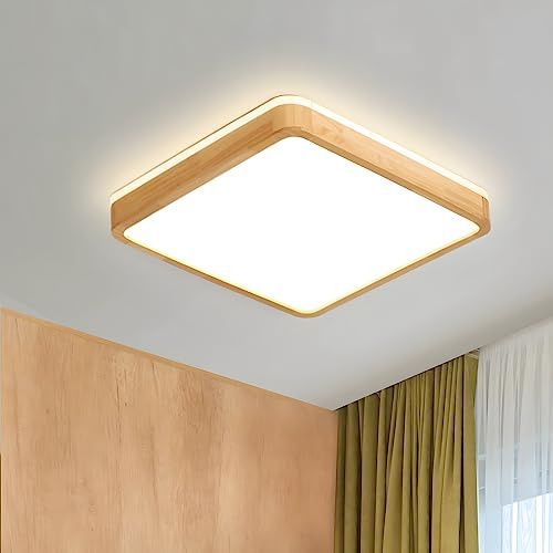 WayLuoung LED-Deckenleuchte Aus Holz | Ø30cm 6000K 1620Lm 18W | Deckenleuchte Mit Quadratischer Oberseite, 360° Leuchtendes Naturholz Schlafzimmer Wohnzimmer Kinderzimmer Küche Esszimmer(Kühles Weiß)