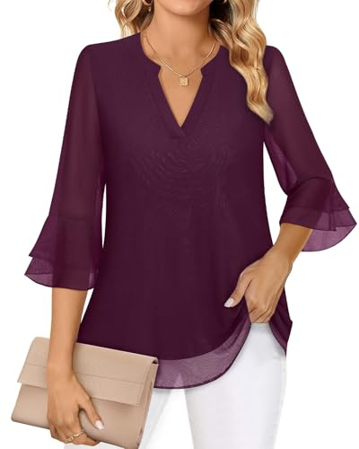 Akiooue Blusas de mujer con manga acampanada de 3/4, túnica casual con cuello en V, de doble capa de gasa, blusas de trabajo para mujer, tallas S-3XL, S