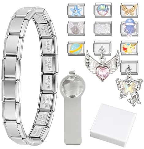 ZIGefofo 13 Piezas Juego de Pulseras Dijes Italiano | 1 Italian Charms Pulsera + 10 Módulos Extraíbles + 1 Herramientas de Apertura + 1 Caja Regalo Pulseras Charms de Estilo Italiano Acero Inox