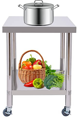 HOARLICN Edelstahl Arbeitstisch, 60x60x90cm Edelstahl Arbeitstisch Küche Mit Rollen 2 Lagiger Zubereitungstisch Edelstahl Gastro Tisch Mit Ablage Bis 300 Kg Belastbar Für Küchen, Hotels, Bäckereien