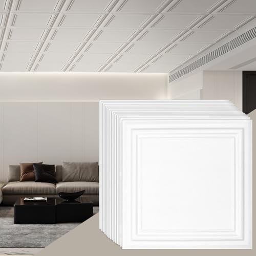 VEVOR Paneles de Techo de Poliestireno 96 Piezas Paneles de Techo de Plástico para Pegar 503x503 mm Instalación Fácil Revestimiento de Techo de Sótano para Decoración del Hogar, Oficina, Blanco