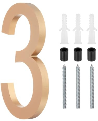 sourcing map 8 Inch Modern House Number, Acrylic Floating House Number for Outside Address Sign for House with Nail Kit for Mailbox Yard Home Front Door (Number 3, Gold Tone)