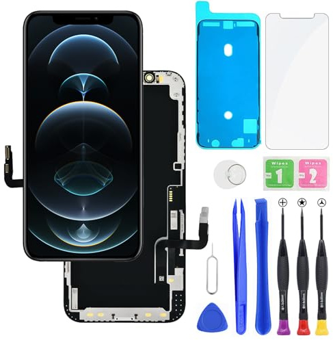 HXAQGP für iPhone 12/12 Pro LCD-Display, FHD-Bildschirmersatz, 3D-Touch-Digitalisiererrahmen, vollständige Montage mit Reparaturwerkzeugsatz + wasserdichtem Klebstoff + Displayschutzfolie