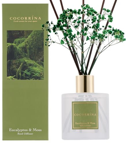 COCORRSTENDIG rumsdoft 200 ml med 8 doftpinnar, eukalyptus och moss, naturliga eteriska oljor för en långvarig, uppfriskande doft, hemdoft för vardagsrum, sovrum, badrumsdekoration