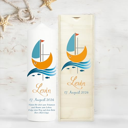 Wandtattoo Loft Taufkerze Junge mit Taufspruch, Motiv mit einem Boot Schiff, 25cm x 7cm, personalisierte Kerze, bedruckte Kerze zur Taufe, Stumpenkerze, individuelles Taufgeschenk