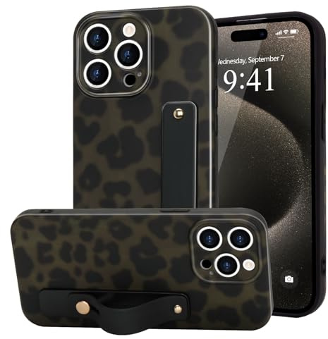 LAPOPNUT for iPhone 15 Pro Max Case Strap Leopard Tortoise Print, Green | Cheetah Amber Pattern Phone Cover, Adjustable Finger Wrist Stand Holer, Cute for Women Girls Men,TPU Bumper Shell, Protecion