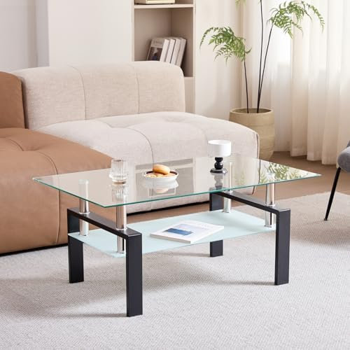 JZGORC Table Basse en Verre Simple et Moderne, Table de Salon Rectangulaire à Double Couche, Supports de Jambes en Métal, Adaptée au Salon et au Bureau - Noir