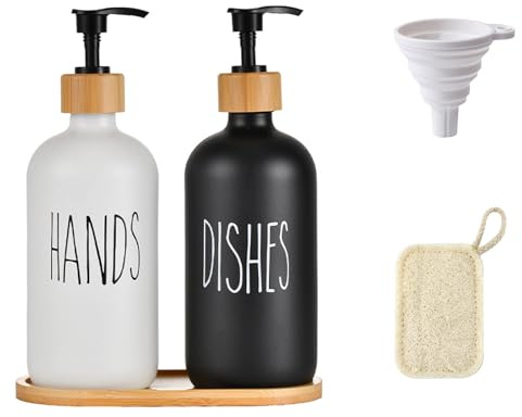 Glass Soap Dispenser Set for Hand and Dish Soap 2-Pack 500ml Refillable Pump Bottles hand wash dispenser with Wooden Tray Includes Silicone Funnel & Dish Loofah Kitchen Bathroom Countertop Essentials