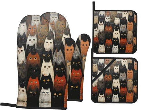 Guanti da cucina con stampa di gatto, 4 pezzi, guanti da forno e presine, resistenti al calore