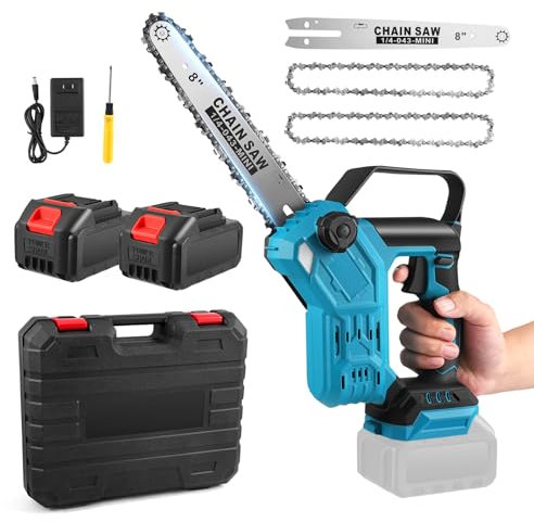MINENICE 8 Pollici Mini Motosega a Batteria, Motoseghe Elettrica Brushless con 2 Batteries, Oliatore Automatico, Tensione Catena Senza Attrezzi, Sega a Batteria per Potatura e Taglio del Legno